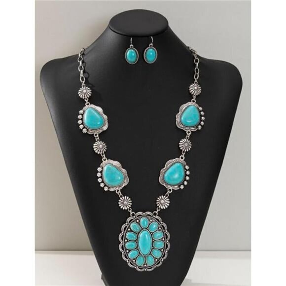 Exaggerated Turquoise Jewelery Set for Women Dangle Earring Pendant Choker - Picture 3 of 7